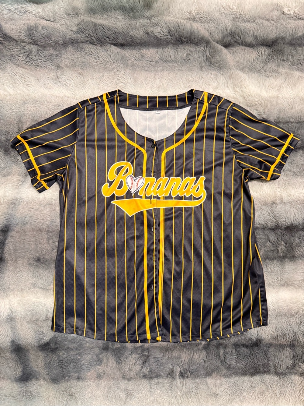 Women’s Black and Yellow Pinstripe 'Bananas' Baseball Tee